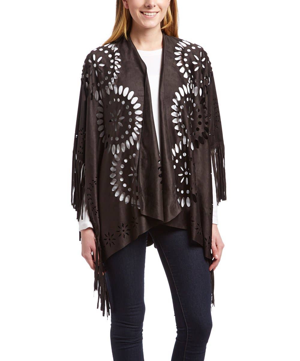 Willa Faux Suede Western Style Poncho Ruana Black - ivyandlavyboutique Raj Trading & Imports (USA) Inc.