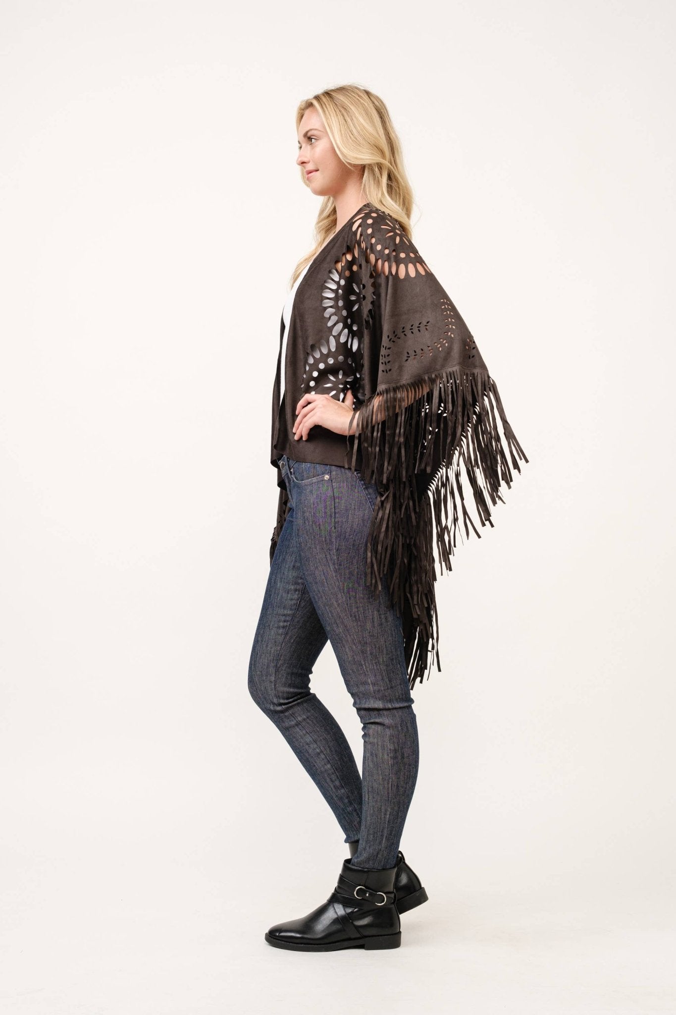 Willa Faux Suede Western Style Poncho Ruana Black - ivyandlavyboutique Raj Trading & Imports (USA) Inc.