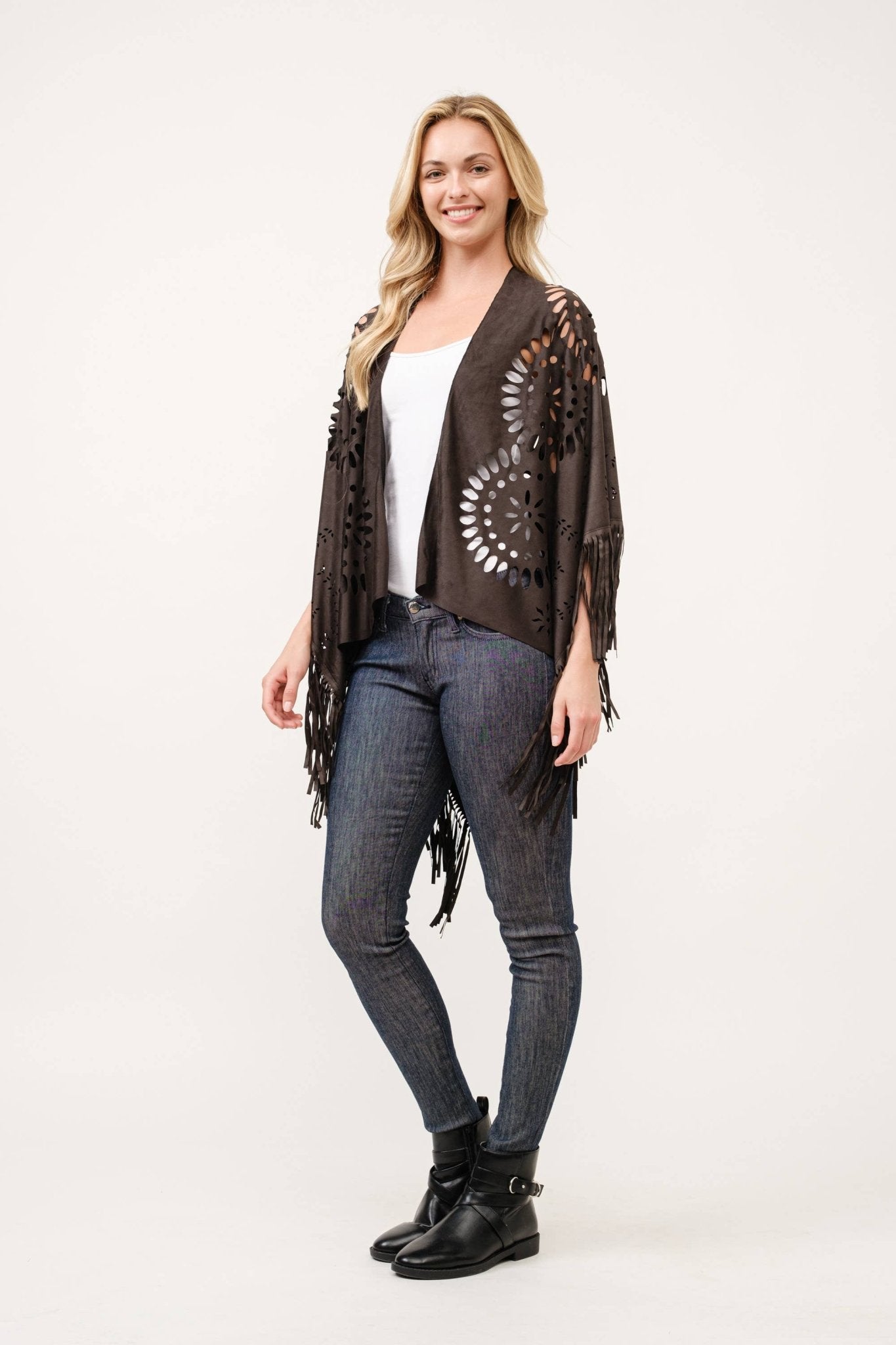 Willa Faux Suede Western Style Poncho Ruana Black - ivyandlavyboutique Raj Trading & Imports (USA) Inc.