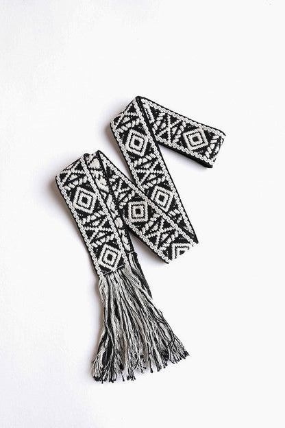 Woven Aztec Waist Tie Belt w/ Frayed Trim - ivyandlavyboutique Leto Accessories