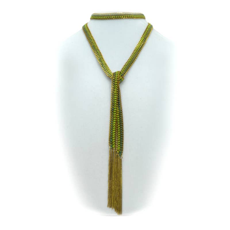 Woven Brass Chain Lariat Necklace in Olive Lime - ivyandlavyboutique Erik & Mike