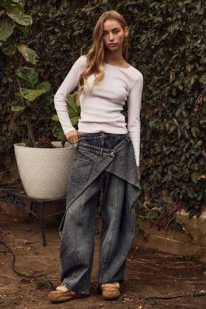 Wrap-layered Barrel Denim Pants: WASHED DENIM - Boho Wanderlust Boutique Oddi